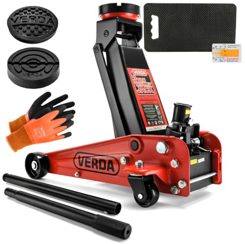 Verda Hydraulischer Wagenheber 3T, 130-490mm + 2X Gummi + Montagehandschuhe Heber Rangierwagenheber PKW, Profi, Auto, Wohnmobil, Geländewagen (SN3027)
