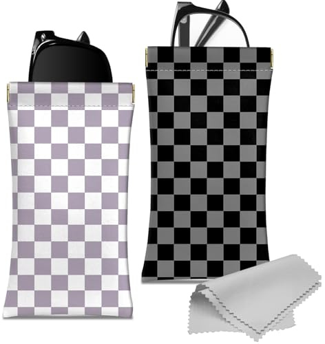 Deokke 2 Stück Weich Brillenetui,PU Leder Weiches Brillenetui Brillen Sonnenbrille Tasche Portable Squeeze Weiches Leder mit Reinigungstuch Nett Niedlich für Frauen Männer Mädchen(D13-Violett-Grau)