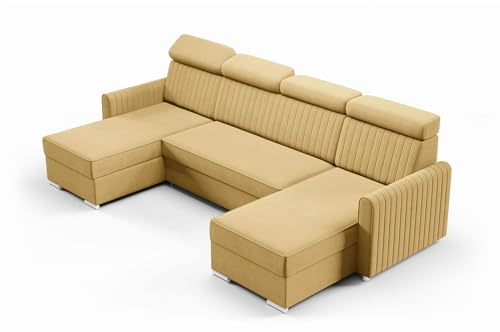 LIKMA Senf Ecksofa Neli mit Schlaffunktion und Bettkasten 274 x 91 x 162 cm, Sofa U-Form, Schlafsofa, Verstellbare Kopfstützen, Wohnlandschaft, Schlafcouch, Moderne Sofas & Couches Stoff: Cloud 32