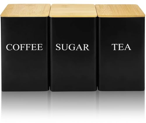 Duscdesp 3 Piece Black 1000ml Tea Coffee Sugar Canisters, Stackable Tea Coffee Sugar Canisters Tea Sugar and Coffee Containers Set With Bamboo Lid Tea Coffee and Sugar Canisters Set for Tea, Coffee