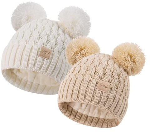 Vintermössa för småbarn, varm stickad fleecefodrad mössa för flickor och pojkar med pompom för 0–36 månader, 2-pack