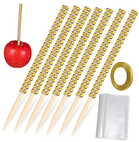 CIYODO Elegante Rollo de Cinta de Madera con Palitos de Manzana Brochetas Aptas para Alimentos con Brillantes de Imitación