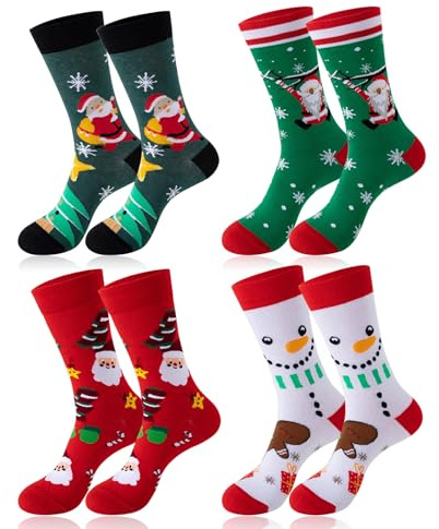 4 Paires Chaussette De Noel, Christmas Socks Coton, Chaussettes De Noel Homme, Chaussettes De Noel Femme, Chausette Noel Motif Fantaisie De Noël, Pour l'Hiver, Noël, Les Vacances Ou Un Cadeau