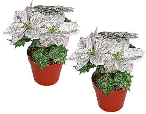 LEMCC 2 Flores Artificiales de Pascua en Maceta, Plantas de Navidad de Color Rojo Sintético en Macetas, Arreglos de Pascua de Navidad Falsos para Decoración de Fiesta en el Hogar,