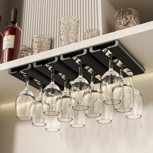 Vaisoeny Weinglashalter, 4 Stück, Weinglashalter unter dem Schrank, ohne Bohren, Installation Weinglasregal, Stielglasregal, Glas-Hängeregal für Küche und Bar (schwarz)