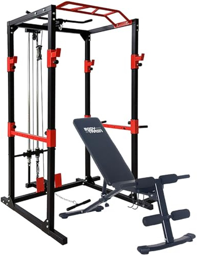 BodyTrain Professional Power Rack with Cable System & Foldable Adjustable Weight Bench Package