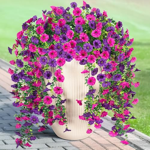 Artificial Hanging Petunias Flowers for Outdoor, 2pcs Fake Plants Long Vine Morning Glory Eucalyptus, UV Resistant Realistic Faux Greenery Indoor Outside Patio Porch Garden Spring Summer Decor, Purple