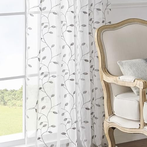Dsnyu Vorhänge Kurz Schlafzimmer, Moderne Gardinen Wohnzimmer Grau Polyester Scheibengardinen Bistrogardine Zweige Blatt Kurzgardine Voile 2 Stück B 132 x H 137cm