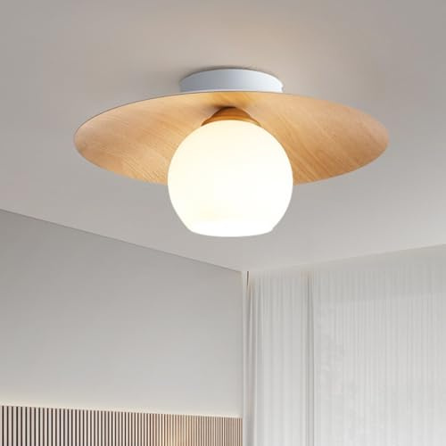 ENXING Holz Glas Deckenleuchte Deckeneinbauleuchte Kugel-Deckenleuchte Glas-Lampenschirm E27-Sockel Geeignet Für Schlafzimmer Esszimmer Flur Wohnzimmer Flur (Glühbirne Nicht Enthalten)(Log color)