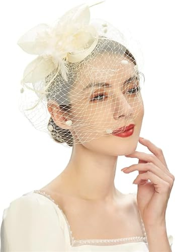 OWEIEYEU Braut-Kopfbedeckung, Fascinator für Damen, Teeparty, Stirnband, Hochzeit, Blume, Netzschleier, Fascinator