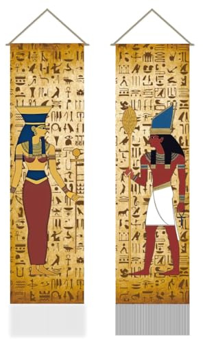AHANDMAKER 2 tapices jeroglíficos de Egipto, tapiz jeroglífico vertical del antiguo Egipto para colgar en la pared, tapiz de pared con borla con temática egipcia para dormitorio, sala de estar (45.7 x