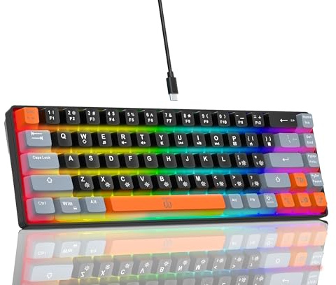 Snpurdiri 60 % speltangentbord, ergonomiskt minispeltangentbord, kompakt RGB-bakgrundsbelyst tangentbord för Windows, PC, bärbar dator (68 svart orange grå)
