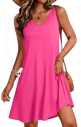 CHICGAL Womens Summer Dresses Casual Sleeveless Loose T Shirt V Neck Sundress Swing Beach Cover Up with Pockets (Solid Pink, 3XL)