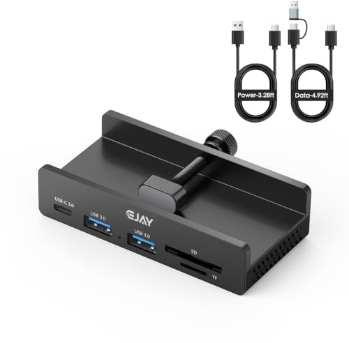 EJAY Clamp USB Hub 5-in-1 USB C Hub 59 Cable for iMac & PC | Aluminum | Mountable Splitter | Desktop Edge Fixed Hub | Home Office Setup | Long Cable