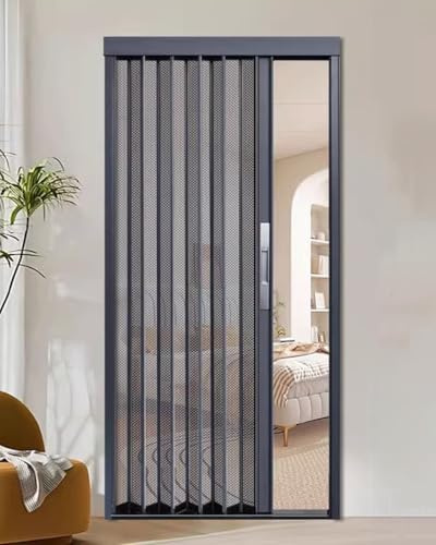Vikdörrar Inomhus Metallskärmdörr i Dragspelsstil, Grå Aluminiumram Infällbar Skärmdörr Invändig, Balkong Sovrum Garderob Vikdörr med Lås(56x80in(142.2x203.2cm))