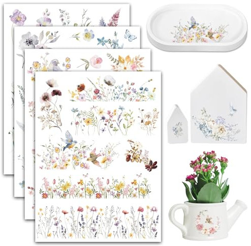 BOOMTOP 4 Fogli Adesivi da Strofinare Fiori Piante Trasferimento Rub On Adesivi Fiori Piante per Vetro Legno Ceramica Carta Decorazione Mobili Tazza Scrapbooking Regalo