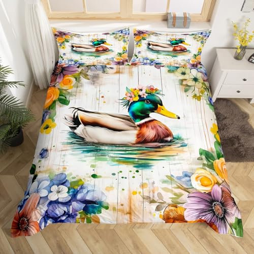 Homewish Ente Bettwäsche 155x220 Kinder, Cartoon Tier Bettbezug Mädchen Jungen, Niedlich Stockente Bett Set, mit 1 Kissenbezug Aesthetic Holzbrett Schlafzimmerdekor, Weiche Mikrofaser