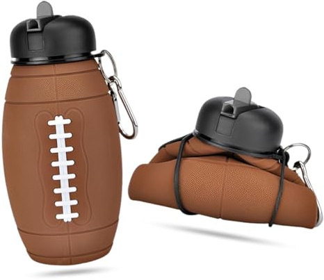 SYTTNUM Gourde en silicone de football, bouteille pliable pour rugby avec mousqueton, anti-fuite, sans Bpa, réservoir d'eau Rugby pour école, amusant, mouvement