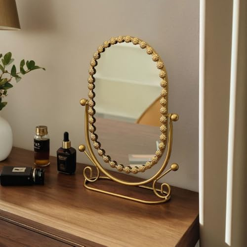 Hosoncovy Desktop Mirror with Stand Metal Frame Oval Free Standing Vanity Makeup Tabletop Mirror for Bathroom Bedroom (Gold)