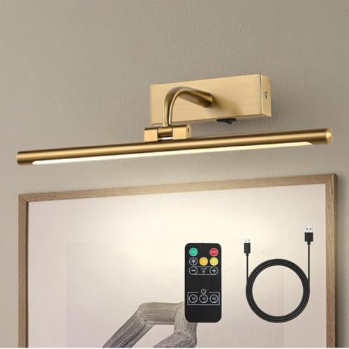 Luce per quadri senza fili a batteria con telecomando e timer, 40,5 cm, illuminazione artistica in ottone, ricaricabile 3 CCT, dimmerabile, luci da parete per dipinti ed esposizioni