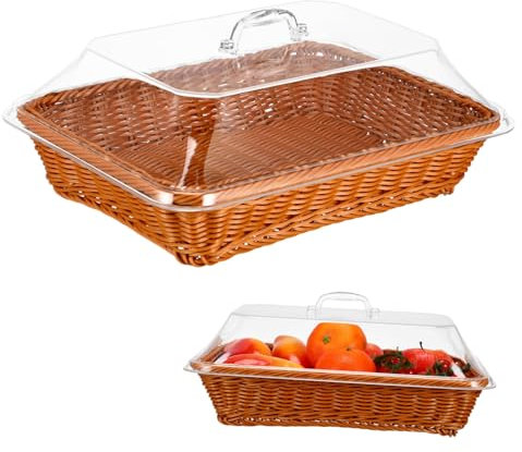Zerodeko Cesta De Pan Tejida con Tapa Transparente Canastón Resistente De Imitación Ratán para Almacenamiento y Servicio para Cocina Restaurante y Picnic