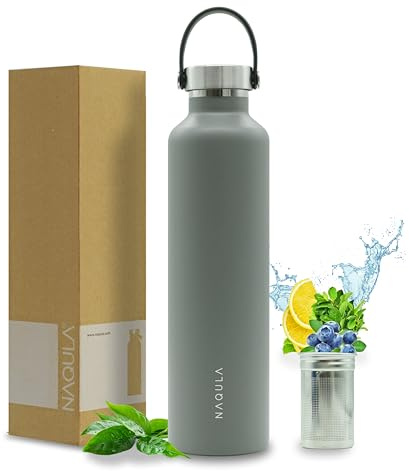 NAQULA® Thermosflasche 1000 ml mit Tragegriff und abnehmbarem Sieb f Tee od Früchte. Edelstahl Trinkflasche auslaufsicher, kohlensäurehaltige Getränke geeignet, Isolierflasche heiß und kalt. (Grau)