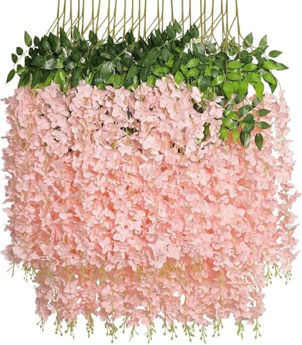 Valyria Home | 12 Glicinas Artificiales Colgantes Rosas, 100 cm por Enredadera – Guirnalda de Flores Falsas para Decoración de Boda, Jardín o Fiesta en Casa – Material Realista - Flor Artificial