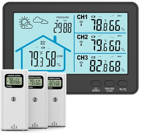 Home Weather Station Wireless Indoor Outdoor Thermometer with 3 Sensors,IPX4, 500ft Range Digital Thermometer Humidity Monitor with Weather Forecast for Home, RV, Garden | Black
