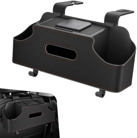 Opuweiy 1 PC Backseat Organizer with Dual Cup Holder, Multi-function Tissue Hanging Box and 2 Hooks, Extra Rear Seat Road Trip Storage Accessories, Universal for Most Cars, Trucks, SUVs (Black)