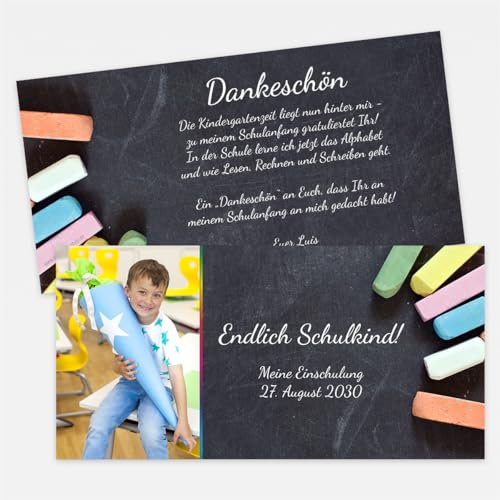 Dankeskarten Schulanfang & Einschulung mit Foto & Text – Motiv Kreide | Personalisierte Dankeskarten zum Schulanfang mit Foto & Wunschtext, 10 × 20 cm, auf 350 g/m² Premiumkarton.