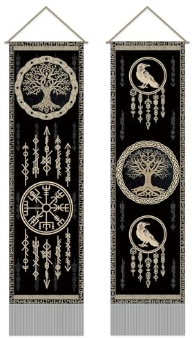 SUPERDANT 2 Tlg Wikinger Wandteppich Moderne Dreamcatcherbols Wandbehang Länglicher Vertikaler Wandteppiche Mit Stangen Seilen Quasten Tapestry Für Schlafzimmer Wohnzimmer Flur Büro Balkon 130x33cm