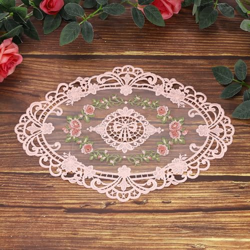 QUARKZMAN 1 Pc Napperon en Dentelle, 28x38cm Napperon Vintage Ovale Brodé Dentelle Au Crochet sous-Verre pour Table Vase Décoration Maison, Rose