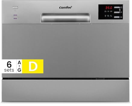 COMFEE' 2026 New Upgraded Table Top Dishwasher with 6 Place Settings, Mini Countertop Dishwasher for Small Families, Couples, Auto Open Dry, LED display, Delay Start, 47dB Quiet Noise, Silver