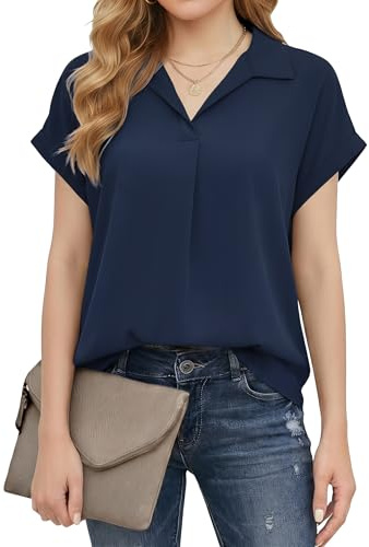 Enmain Blusa Mujer Manga Corta Verano Camisa Mujer Cuello V Chiffon Elegante Camiseta Trabajo Oficina Casual Camisas Color Sólido Tops con Solapa