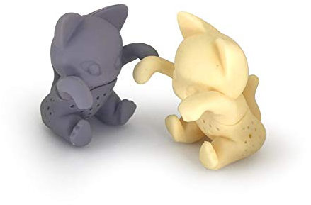2 Cats Kittens Shape Beige/Gray Tea Infuser Loose Leaf Strainer Herbal & Fruit Tea Filter Diffuser Food Grade Silicone Pet Lover Twin Cats Lot of 2 pcs