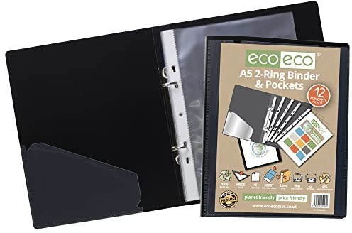 eco-eco A5 65% Recycled Presentation Ring Binder with 12 Multi Punched Pockets Black eco045