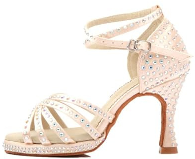 MGM-Joymod Sandalias clásicas de baile latino con diamantes de imitación para mujer, para baile latino, para boda, fiesta, Piel de plataforma, tacón de 9 cm, 37.5 EU