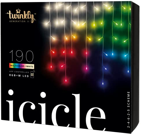 Twinkly Icicle 190 LED RGB+Bianco, Luci a Cascata LED Esterno e Interno, Luci Smart Multicolore RGB e Bianco, Compatibile con Alexa, Google Home, IP44, Controllo App, Filo Trasparente, 5.5m