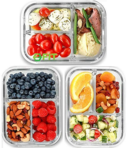3 Compartment Glass Meal Prep Containers [3 Pack, 1000 ML] - Glass Lunch Box, Food Storage Containers with Lids, Food Prep Containers, Glass Bento Box for Adults & Kids, Bento Lunch Box