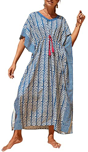 Bsubseach Kaftan Dresses for Women Plus Size Swimsuit Cover Up Long Caftan Dress with Waist Drawstring Blue Stripe