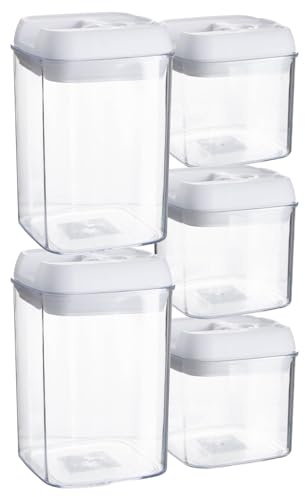 Argon Table Food Storage Containers with Airtight Flip Lock Lids - 5-Piece - White - Plastic Storage Tubs Pantry Food Organiser for Cereal, Oats, Sugar, Coffee, Biscuits, Tea