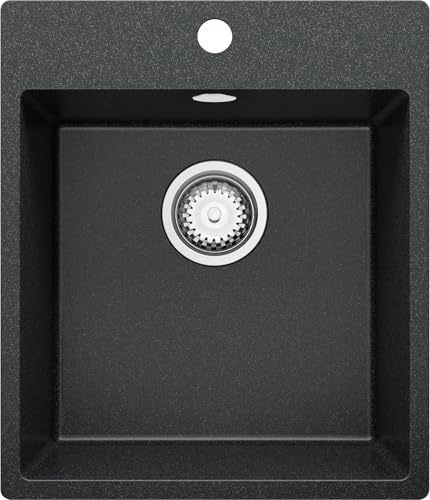 PRIMAGRAN Lavello da Cucina al Mobile 45cm + Kit di scarico, 43x50cm | Set: Kit di scarico (sifone, piletta, troppopieno) + Lavandino in Granito a 1 Vasca - Riga, Grafite