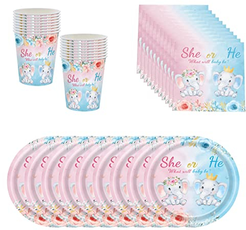 BlinBlin Vaisselle Révèle Le Genre Bébé, Petit éléphant Baby Shower Baptême Assiettes,avec Assiettes, Tasses, Serviettes pour Boy Or Girl Fournitures Fête Naissance,16 Invités