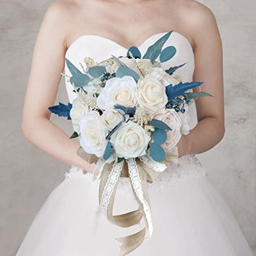 Fouriding Wedding Bouquet Vintage Style Creamy White Blue Rose Bride Bridal Artificial Bouquet Bridesmaid Wedding Decoration Bouquets (Large)