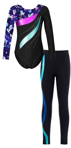 Hedmy Kinder Mädchen Gymnastikanzug Langarm Patchwork Trikot mit Hose Glänzend Ballett Turnanzug Wettkampf Tanzkleidung Navy Blau 122-128
