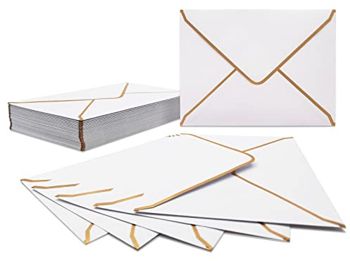 50 Stücke Einladungumschläge, Weiße Luxuriöser Umschläge 18.5x13.5cm Miniatur Kuverts 5x 7 Umschläge mit V-Klappe Briefumschläge Goldfolienrand für Hochzeiten, Einladungen, Party, Grußkarten