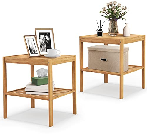 LIFEZEAL Nachttisch 2er Set, Beistelltisch aus Bambus, Nachtschrank mit Ablage, Nachtkommode Sofatisch für Schlafzimmer, Wohnzimmer, 40 x 40 x 45 cm, Naturfarben