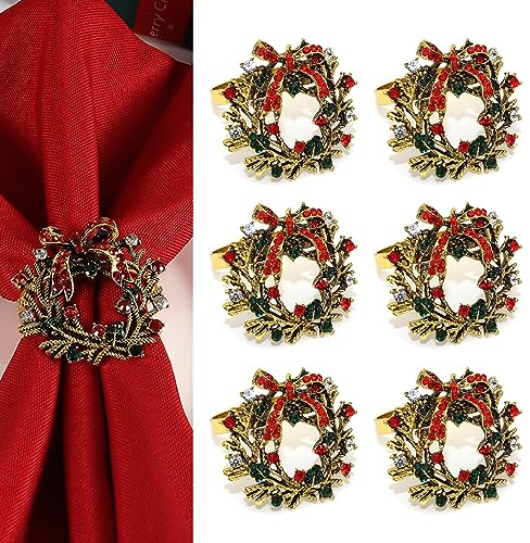 Christmas Wreath Napkin Rings, 6 PCS Christmas Themed Napkin Holder Napkin Buckles for Xmas Holiday Wedding Party Dinner Table Decoration