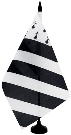 AZ FLAG Drapeau de Table Bretagne Big Gwenn 21x14 cm Socle Plastique | Usage intérieur Drapeau de bureau breton finition cousue et bords renforcés avec mât en plastique et socle en plastique