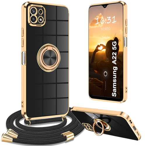 Yutwo Handykette für Samsung Galaxy A22 5G - Handyhülle mit Band, Kette, Ständer und Stoßfester Schutzhülle, Schwarz